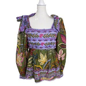 NWT Farm Rio Green Wild Jungle Blouse Long Puff Sleeve Cotton $185 Size S